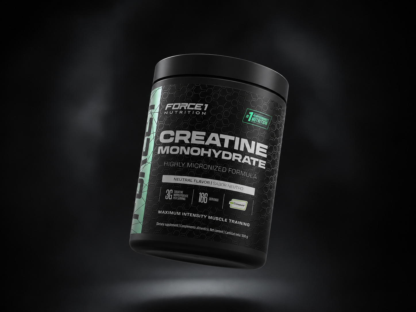 Bote de proteína Force 1 Nutrition sobre fondo oscuro